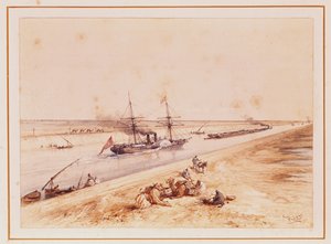 A Turkish Paddle Steamer Going Up the Suez Canal, from a souvenir album to commemorate the Voyage of Empress Eugenie at the Inauguration in 1869 by Edouard Riou